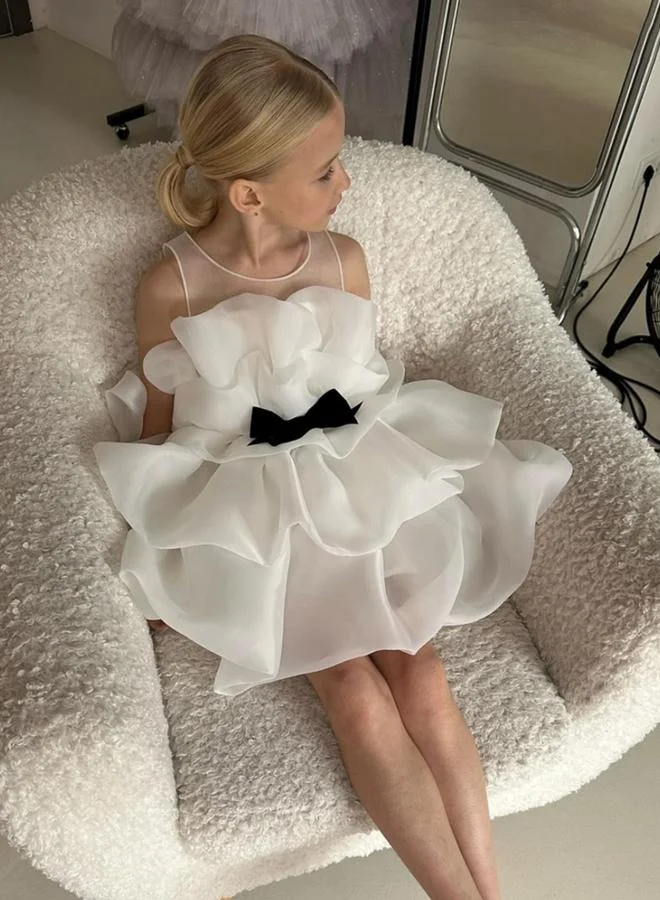Take Two  Girls White Bow Detail Ruffled Layered Dress for Women | Best Price UAE